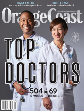 Orange Coast Magazine Cover, Top Doctors, Image of man and woman in labcoats